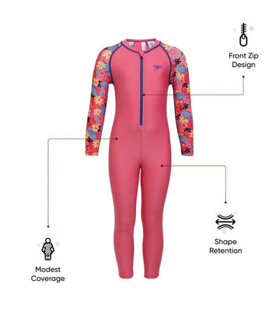 Girls Recycled Endura Brite All In One Full Body Suit - Fandango Pink & Bloominous