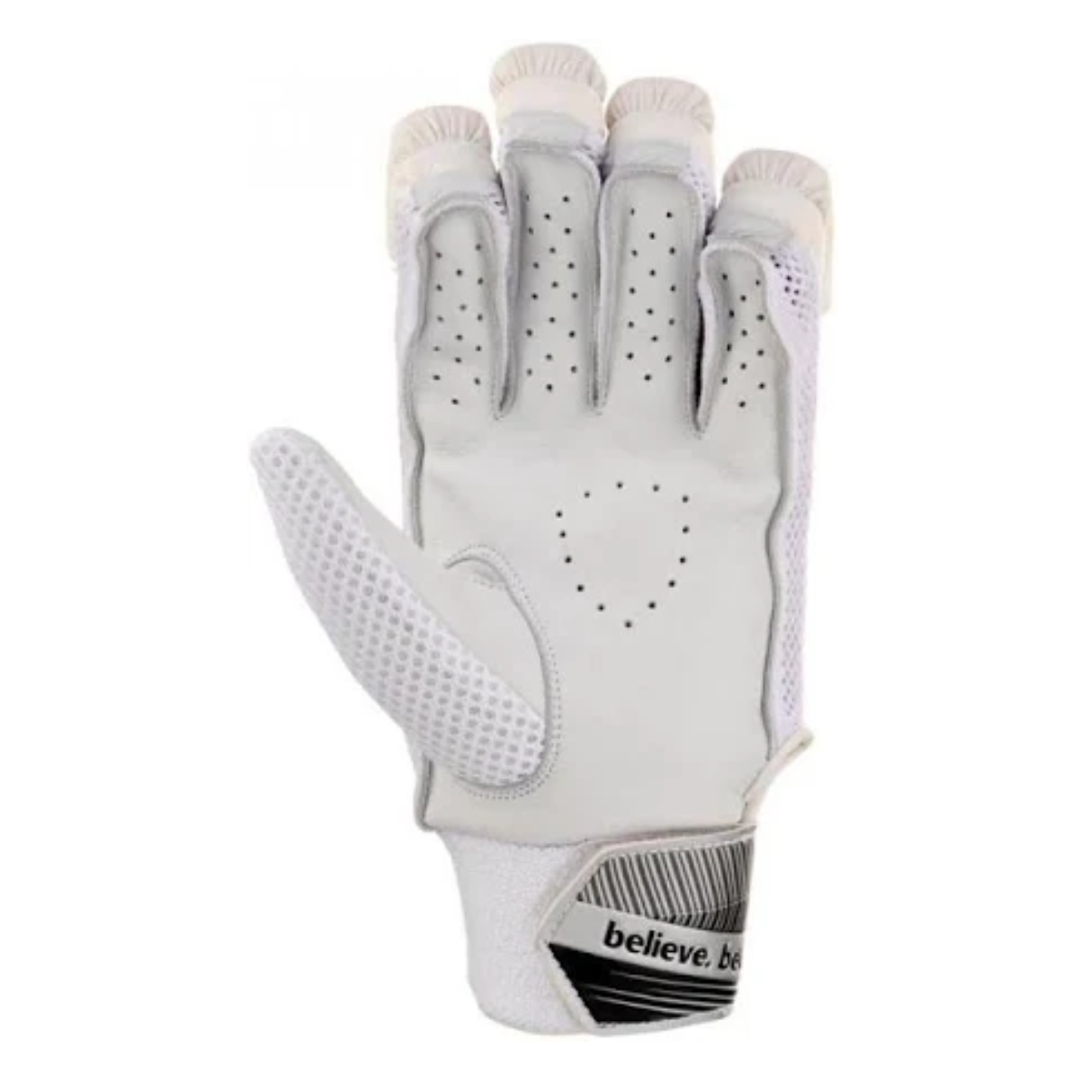 SG Litevate White cricket batting gloves, palm-side view
