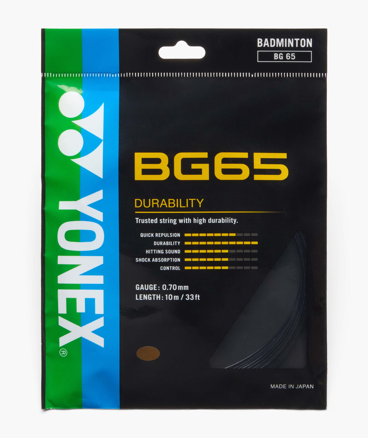 YONEX BG65 black badminton string, 0.70 mm, official product image