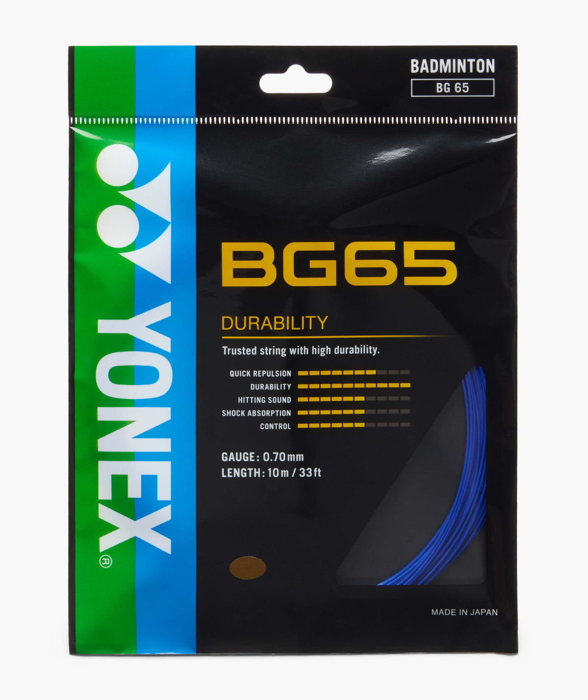 YONEX BG65 Sky Blue variant — official YONEX Royal Blue image, 0.70 mm