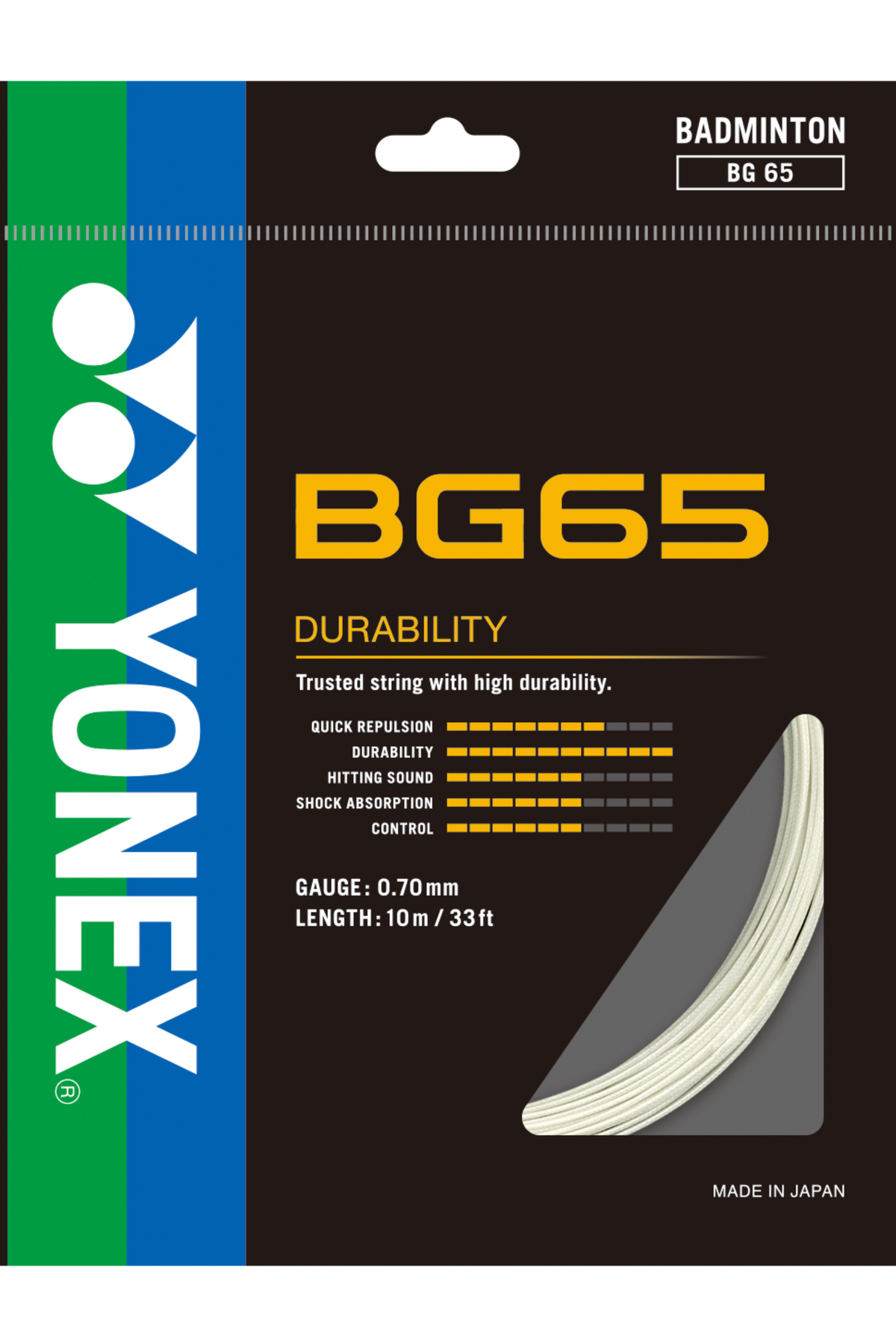YONEX BG65 badminton string in white, 0.70 mm, official product image