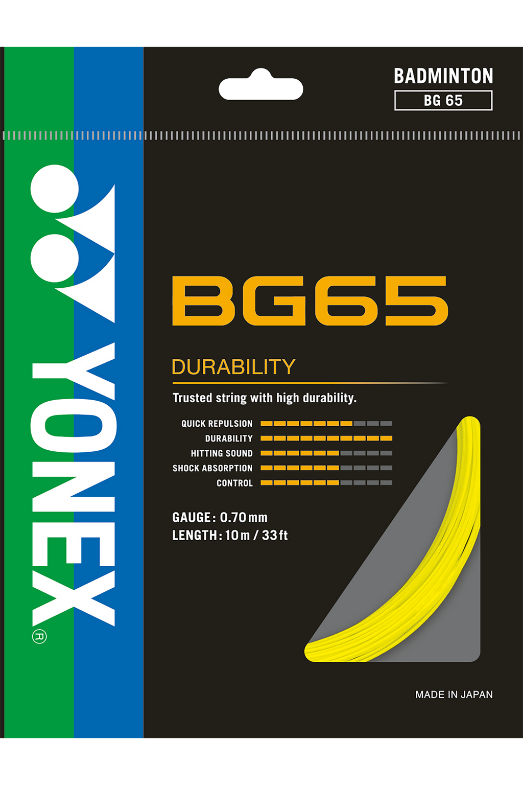 YONEX BG65 badminton string in yellow, 0.70 mm, official product image